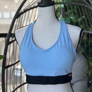 Sleek Blue and Black Sports Bra with Supportive Scoop Neckline